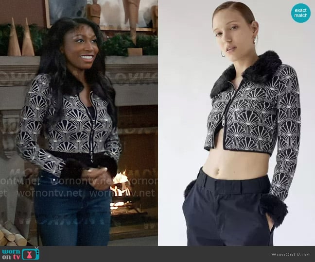 Urban Outfitters Hallie Faux Fur-Trim Jacquard Cardigan worn by Trina Robinson (Tabyana Ali) on General Hospital