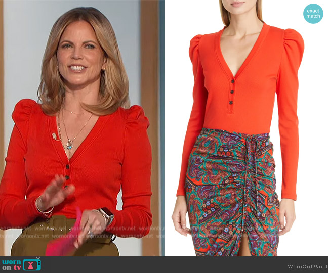 Veronica Beard Dekalb Puff Sleeve Rib Stretch Cotton Top worn by Natalie Morales on The Talk