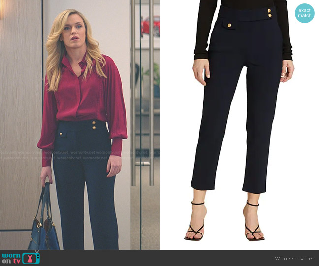 Veronica Beard Renzo Pants in Navy with Gold Buttons worn by Sadie Ryan (Harriet Dyer) on American Auto
