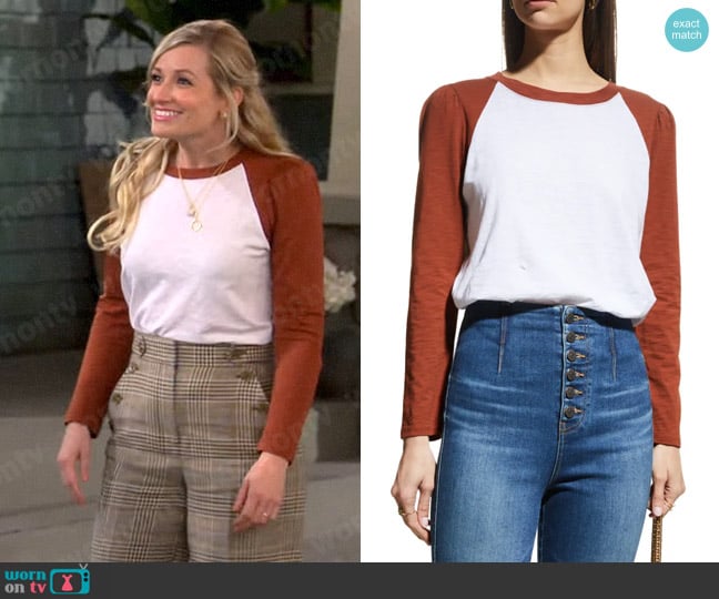 Veronica Beard Mason Tee in White Nutmeg worn by Gemma (Beth Behrs) on The Neighborhood