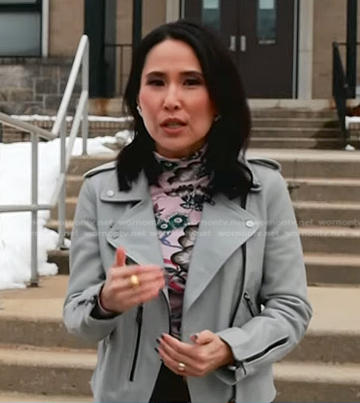 Vicky’s pink floral top and grey moto jacket on Today