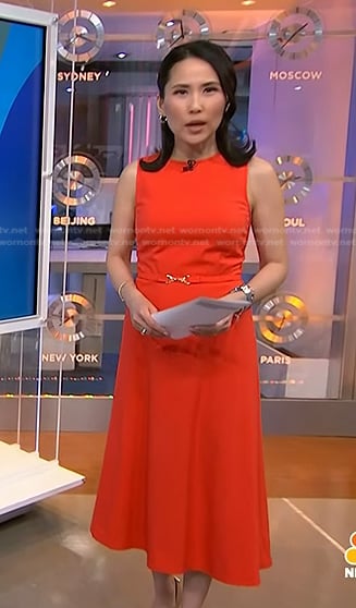 Vicky’s red belted midi dress on NBC News Daily
