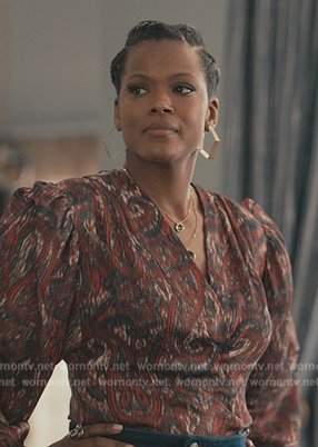 Vivian’s red paisley print wrap blouse on Bel-Air