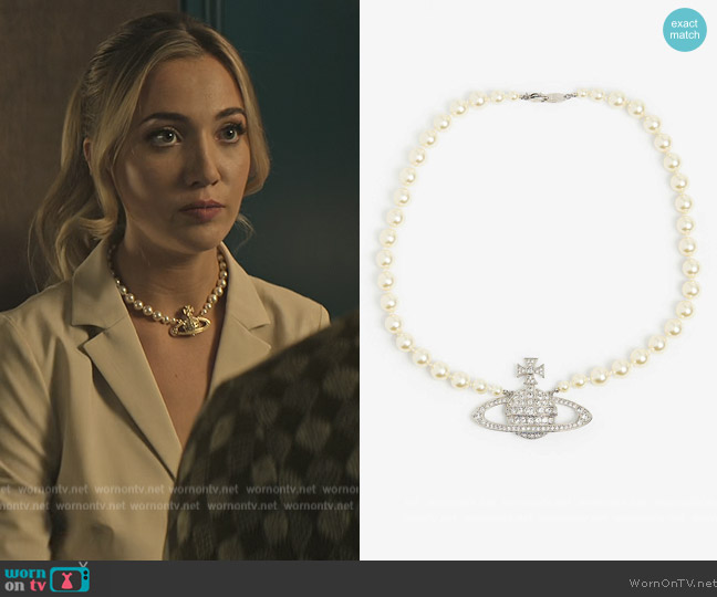 Vivienne Westwood Bas Relief orb-pendant brass, Swarovski crystals and pearl necklace worn by Lady Phoebe (Tilly Keeper) on You
