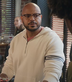 Wyatt’s white sleeve stripe hoodie on Grand Crew
