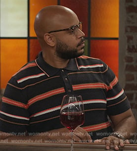 Wyatt’s black stripe polo on Grand Crew