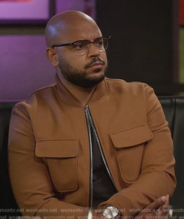 Wyatt’s brown zip bomber jacket on Grand Crew