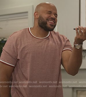 Wyatt’s red stripe trim shirt on Grand Crew
