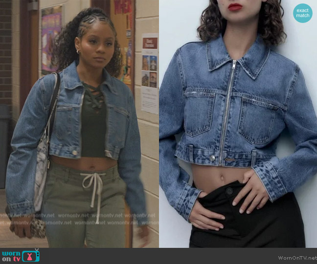 Zara Cropped Denim Jacket worn by Simone (Geffri Hightower) on All American Homecoming