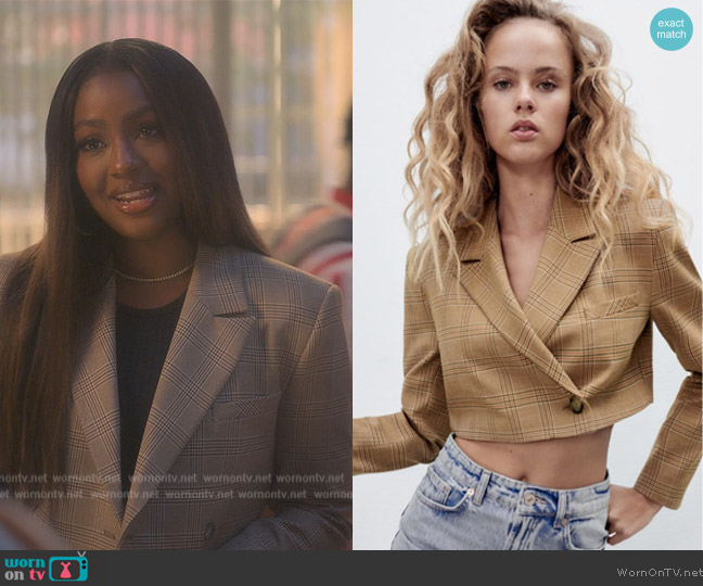 Zara Cropped Plaid Blazer worn by Annika (Justine Skye) on Grown-ish