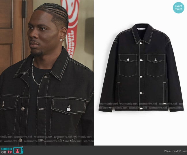Zara Denim Jacket with Cross-stitching worn by Cam Watkin (Mitchell Edwards) on All American Homecoming
