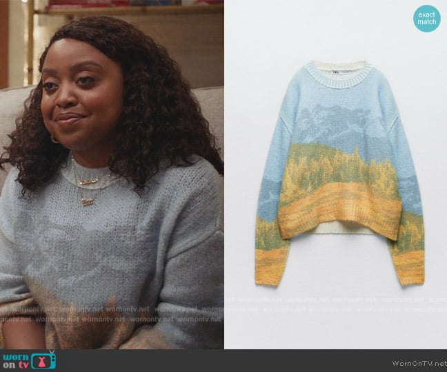 Zara Landscape Print Sweater worn by Janine Teagues (Quinta Brunson) on Abbott Elementary