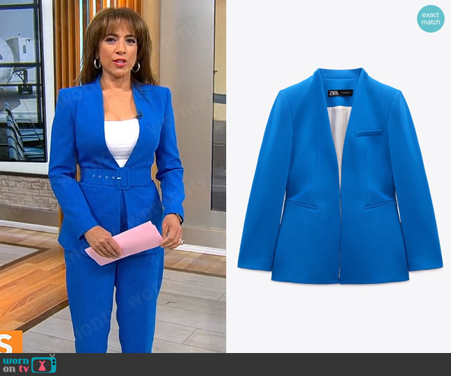 Zara Lapelless Fitted Blazer in Bluish worn by Michelle Miller on CBS Mornings