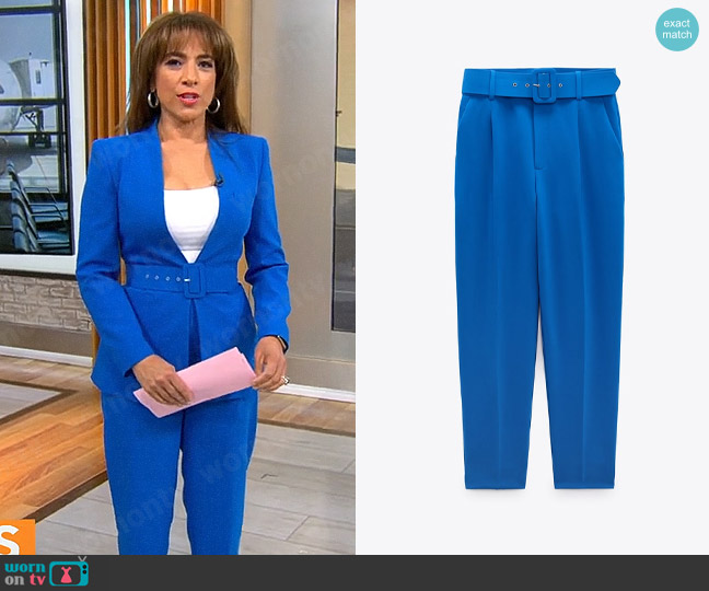 Zara Pants with Fabric Covered Belt in Bluish worn by Michelle Miller on CBS Mornings