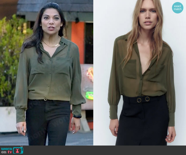 Zara Patch Pocket Semi Sheer Shirt worn by Helen Tasker (Ginger Gonzaga) on True Lies