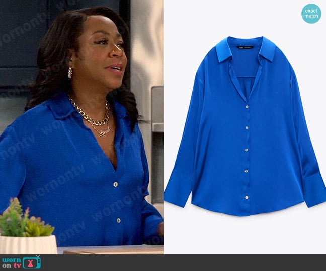 Zara Satin Effect Shirt in Blue worn by Tina Butler (Tichina Arnold) on The Neighborhood