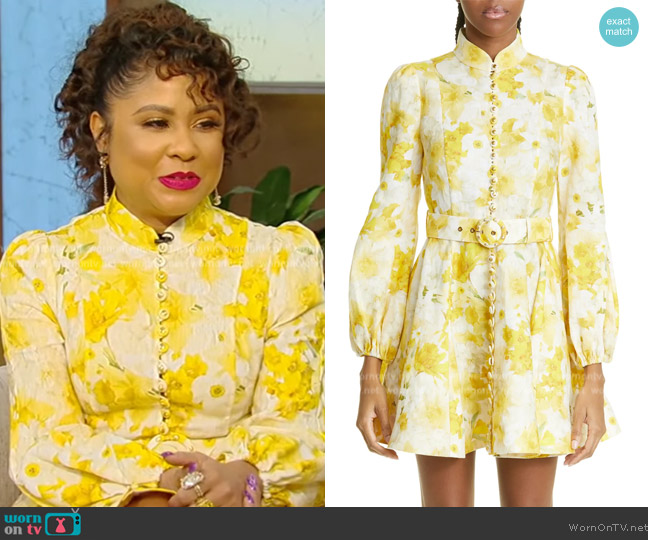 Zimmermann Wonderland belted floral-print linen mini dress worn by Angela Yee on Tamron Hall Show