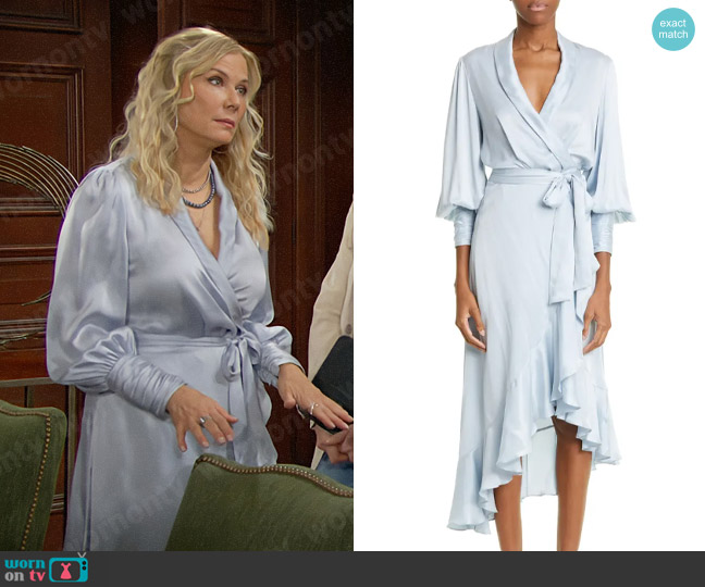 Zimmermann Silk Wrap Midi-Dress in Ice Blue worn by Brooke Logan (Katherine Kelly Lang) on The Bold and the Beautiful