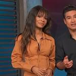 Zuri’s tanned lace-up detail mini dress on Access Hollywood