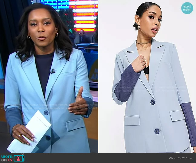 4th & Reckless Tailored Suit Jacket in color block blue worn by Rachel Scott on Good Morning America