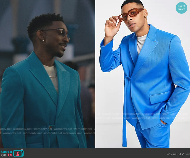 ASOS Belted suit jacket in electric blue plisse worn by Jazz (Jordan L. Jones) on Bel-Air