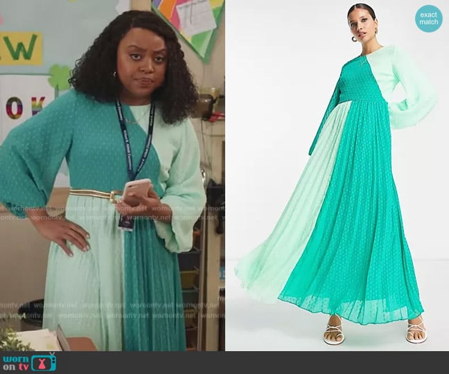 ASOS Textured pleated maxi dress in green color block worn by Janine Teagues (Quinta Brunson) on Abbott Elementary