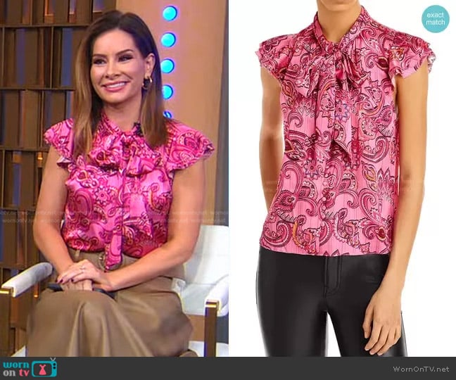 Alice + Olivia Brentley Flutter Sleeve Top worn by Rebecca Jarvis on Good Morning America