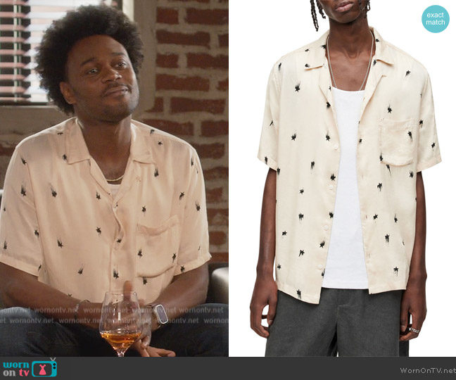 All Saints Starburn Printed Relaxed Fit Button Down Camp Shirt worn by Noah Koles (Echo Kellum) on Grand Crew