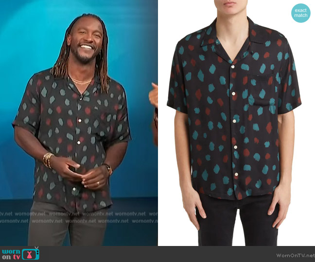 All Saints Tab Brushstroke Print Camp Shirt worn by Scott Evans on Access Hollywood