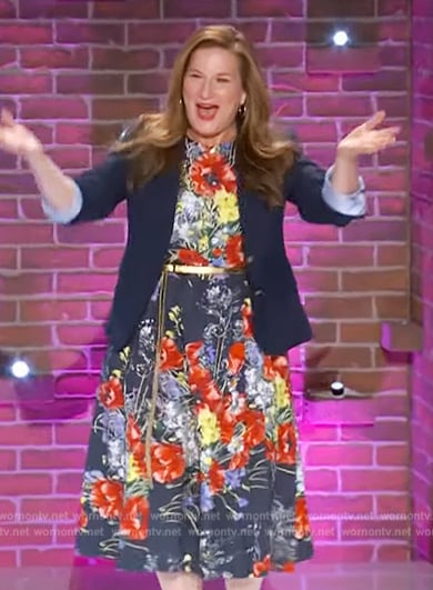 Ana Gasteyer’s blue floral print flare dress on The Kelly Clarkson Show