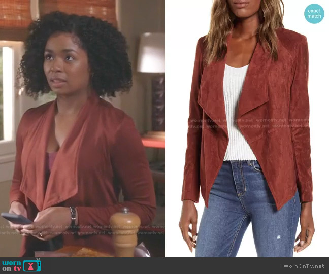 BB Dakota Wade Drape Front Faux Suede Jacket in Cherry Wood worn by Simone Griffith (Alexis Floyd) on Greys Anatomy