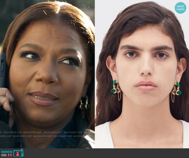 Bottega Veneta Bolt Earrings in Malachite / parakeet worn by Robyn McCall (Queen Latifah) on The Equalizer