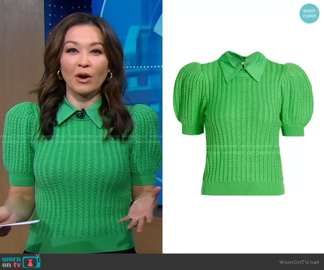 Alice + Olivia Chase Cable-Knit Puff-Sleeve Sweater worn by Eva Pilgrim on Good Morning America