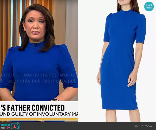 Donna Morgan Stretch Crepe Buttoned Shoulder Sheath Dress In Blue Sapphire worn by Elaine Quijano on CBS Mornings
