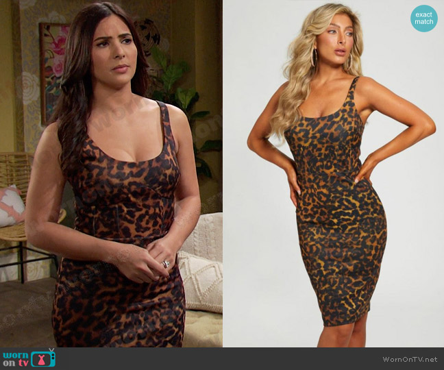 Guess Eco Lexi Dress in Amber lynx print worn by Gabi Hernandez (Camila Banus) on Days of our Lives