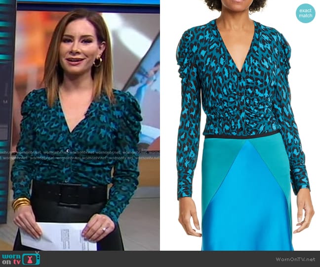 Diane von Furstenberg Gladys Ruched Sleeve Leopard Print Blouse worn by Rebecca Jarvis on Good Morning America