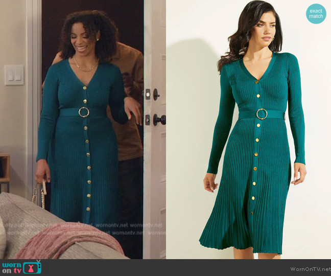Marciano Teal Diletta Rib Knit Midi Dress worn by (Ashleigh Morghan) on Grand Crew