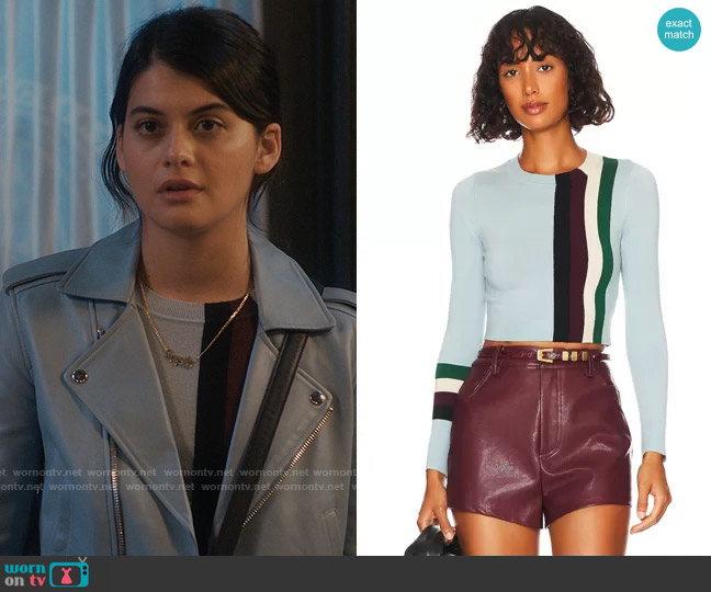 JoosTricot Long Sleeve Crop Sweater in Pool Stripes worn by Samantha Fink (Sofia Black-D'Elia) on Single Drunk Female