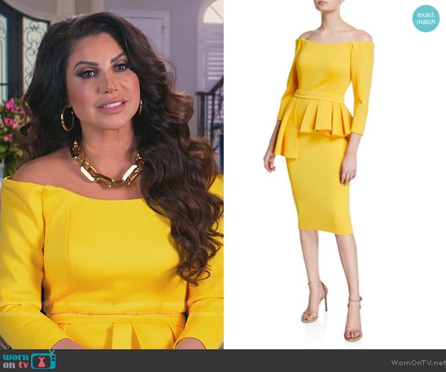 Jovani Off-the-Shoulder 3/4-Sleeve Peplum Cocktail Dress worn by Jennifer Aydin on The Real Housewives of New Jersey