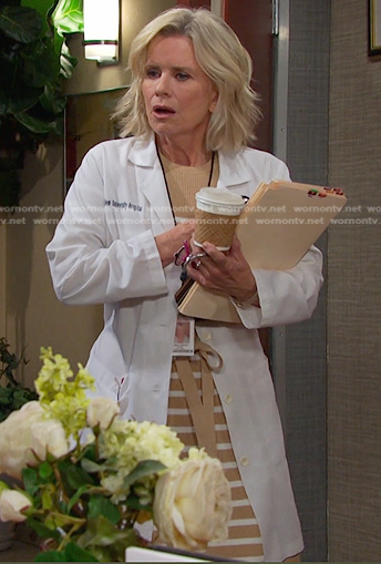 Kayla’s beige striped tie waist dress on Days of our Lives
