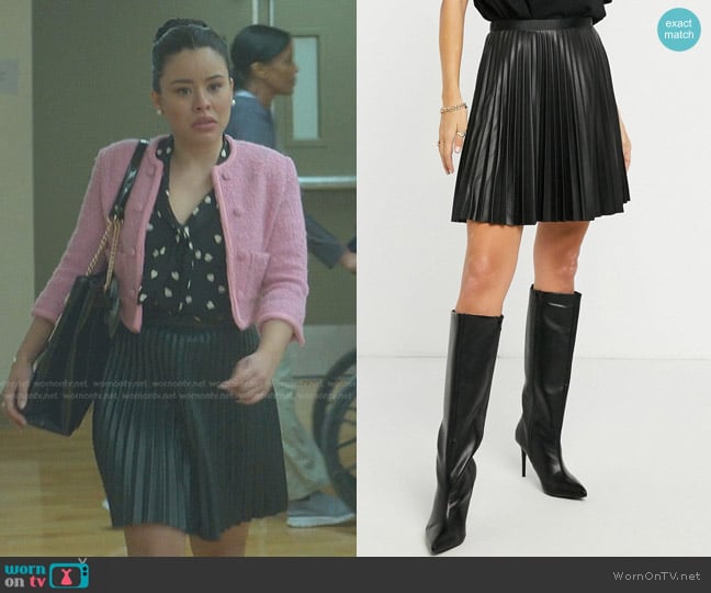 Vila Leather Look Pleated Mini Skirt in black worn by Mariana Foster (Cierra Ramirez) on Good Trouble