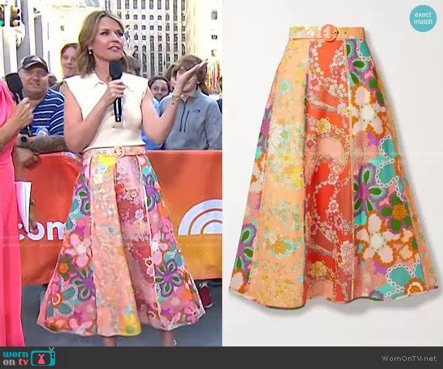 Zimmermann Lola Belted Paneled Floral-Print Linen Midi Skirt worn by Savannah Guthrie on Today
