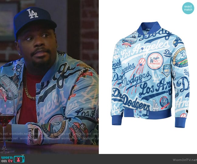 LA Licenced Gear Los Angeles Dodgers Pro Standard Royal Allover Print Satin Full-Snap Jacket worn by Sherm Jones (Carl Tart) on Grand Crew