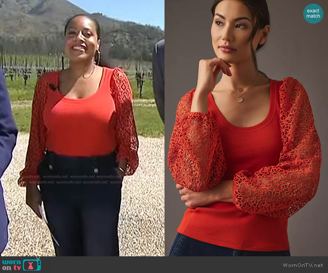 Maeve Lace-Sleeve Top in Dark Orange worn by Sheinelle Jones on Today