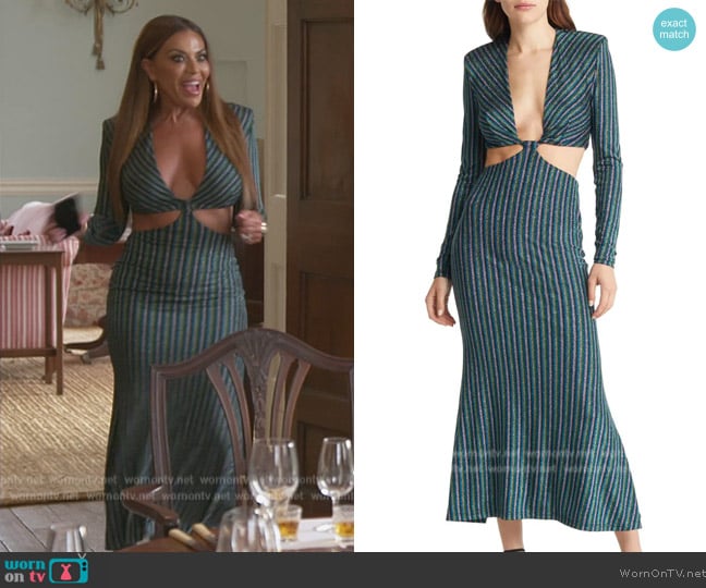 Misha Despina Cutout Long Sleeve Stripe Cocktail Dress worn by Dolores Catania on The Real Housewives of New Jersey