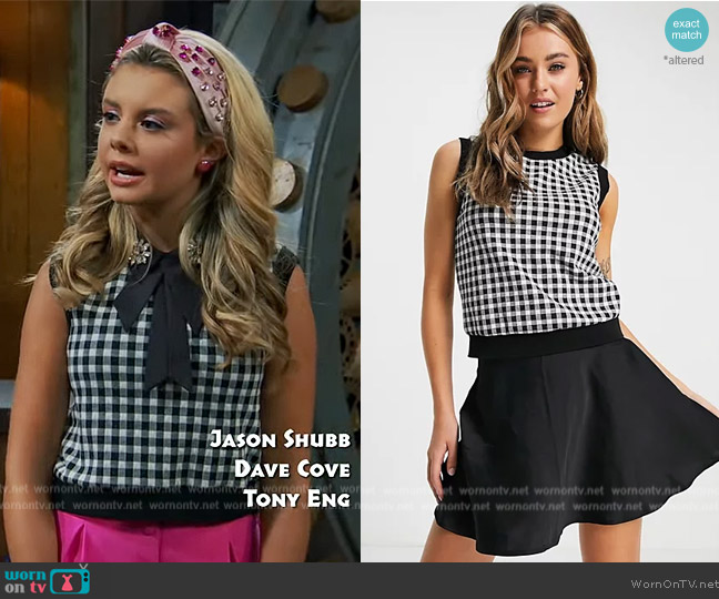 ASOS New Look crew neck gingham knitted tank top in black check worn by Destiny Baker (Mallory James Mahoney) on Bunkd