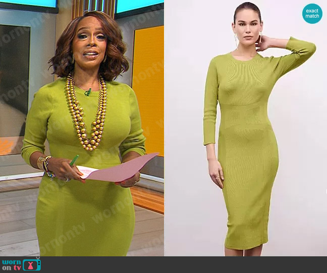 New York & Company Corset Waist Sweater Dress in Olive Pistachio worn by Gayle King on CBS Mornings