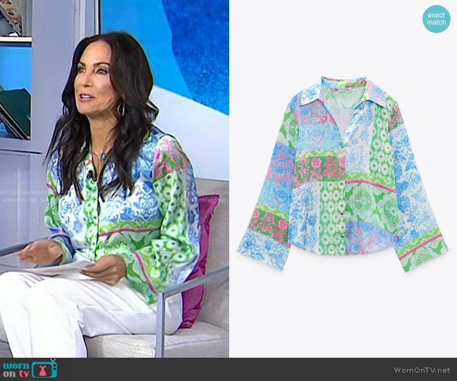 Zara Patchwork Printed Shirt in Ecru / Green worn by Karen Swensen on Today