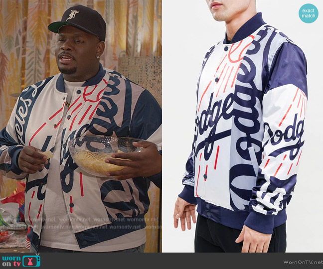 Pro Standard Los Angeles Dodgers Mashup Satin Jacket worn by Sherm Jones (Carl Tart) on Grand Crew