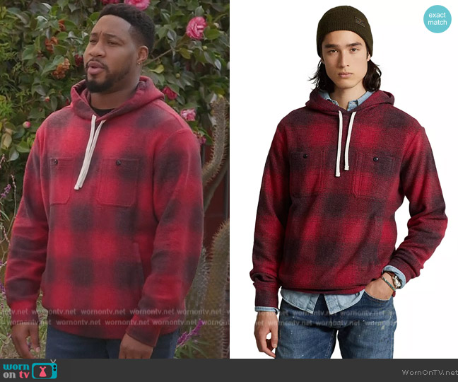 Ralph Lauren Plaid Brushed-Back Fleece Hoodie worn by Anthony Holmes (Aaron Jennings) on Grand Crew